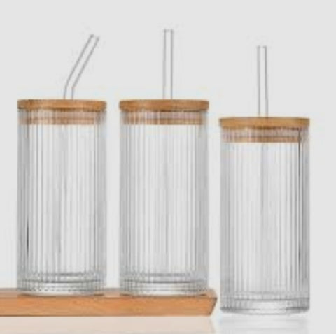 Ribbed Glass Tumbler with Bamboo Lid & Straw